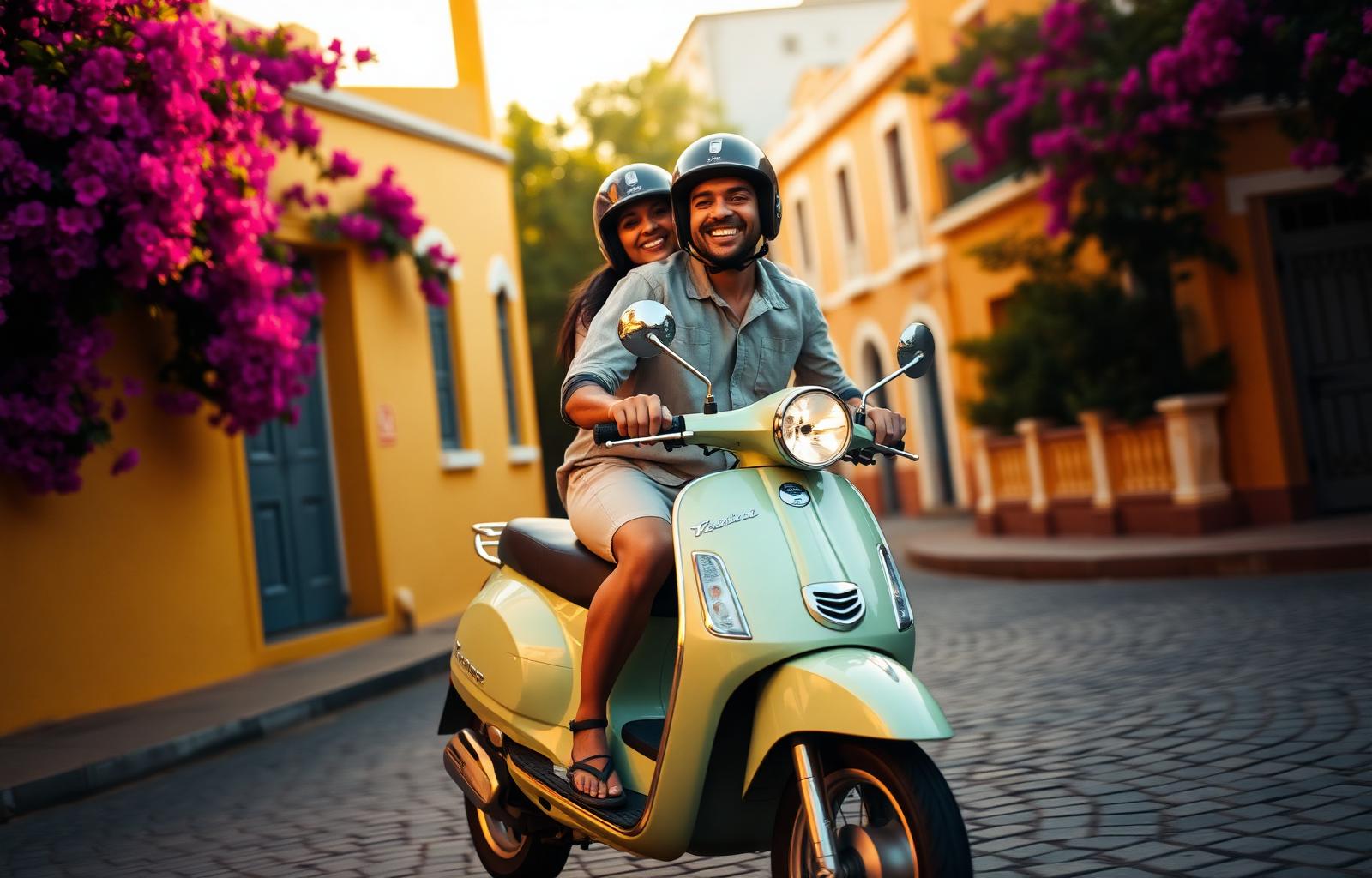 Couple riding a Vespa through Pondicherry's French Quarter